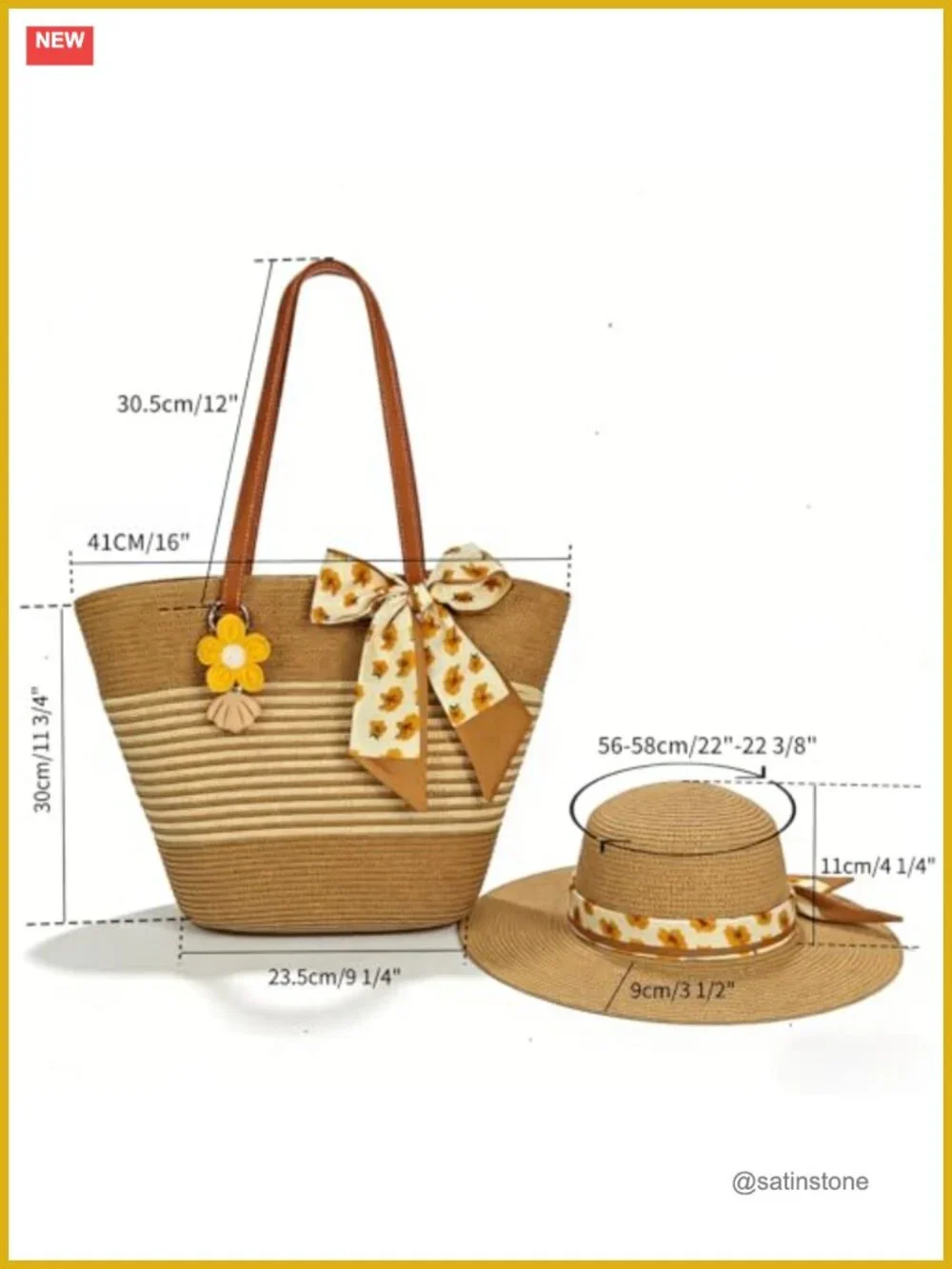 Straw Wide Brim Sun Hat & Woven Bag Set with Clip